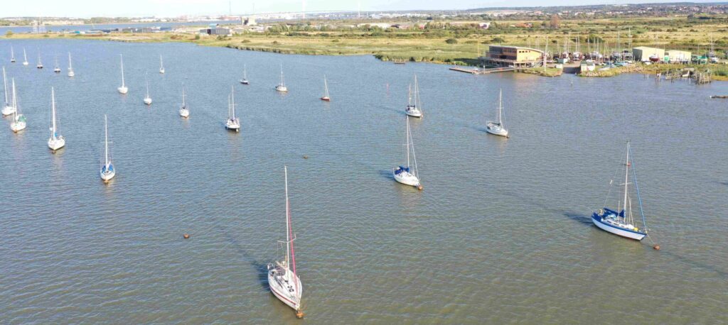 Aerial wiew of club moorings from mid river.